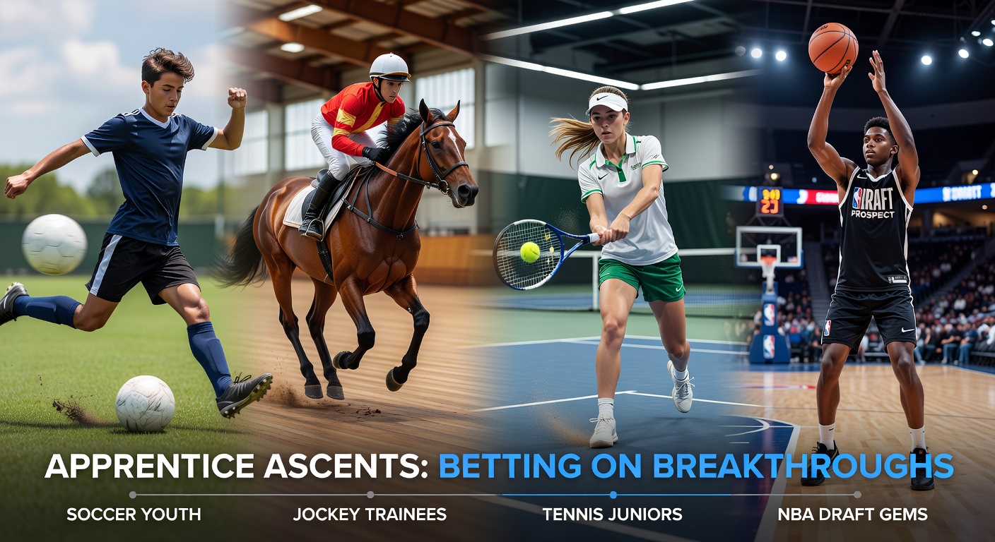 Young soccer player celebrating a goal alongside a jockey trainee crossing the finish line, a tennis junior serving, and an NBA draft prospect dunking, symbolizing breakthrough moments in sports betting