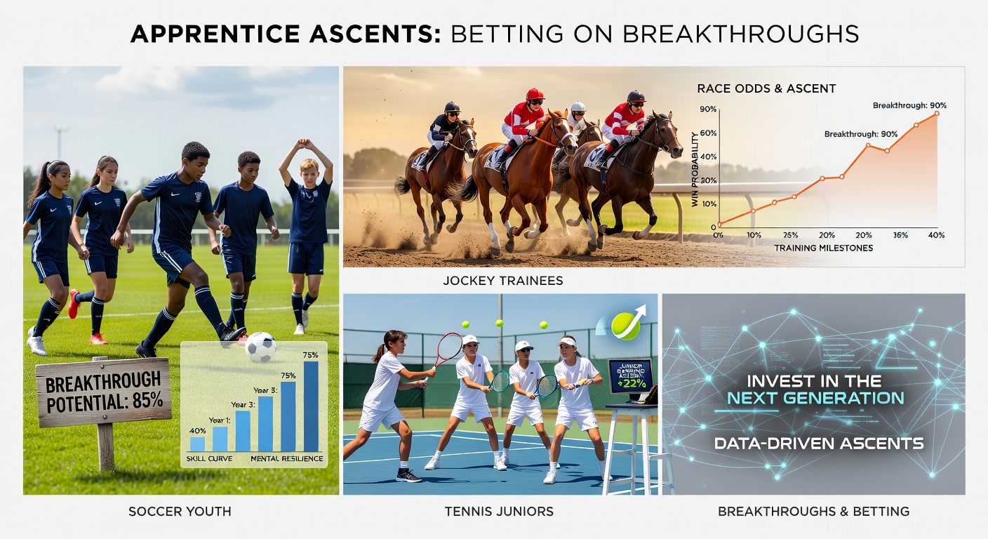 Collage of a soccer youth academy match, horse racing apprentice jockey in action, tennis junior rallying points, and NBA draft combine drills, highlighting emerging talents ready for betting breakthroughs