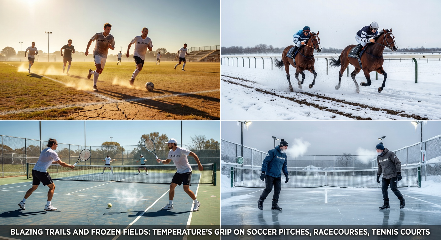 Horse racing on a frost-covered track at dawn, with jockeys in heavy gear and steam rising from the horses