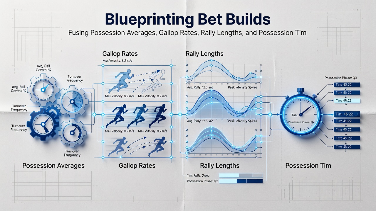 Infographic illustrating cross-sport accumulator construction using possession, gallop, rally, and time metrics