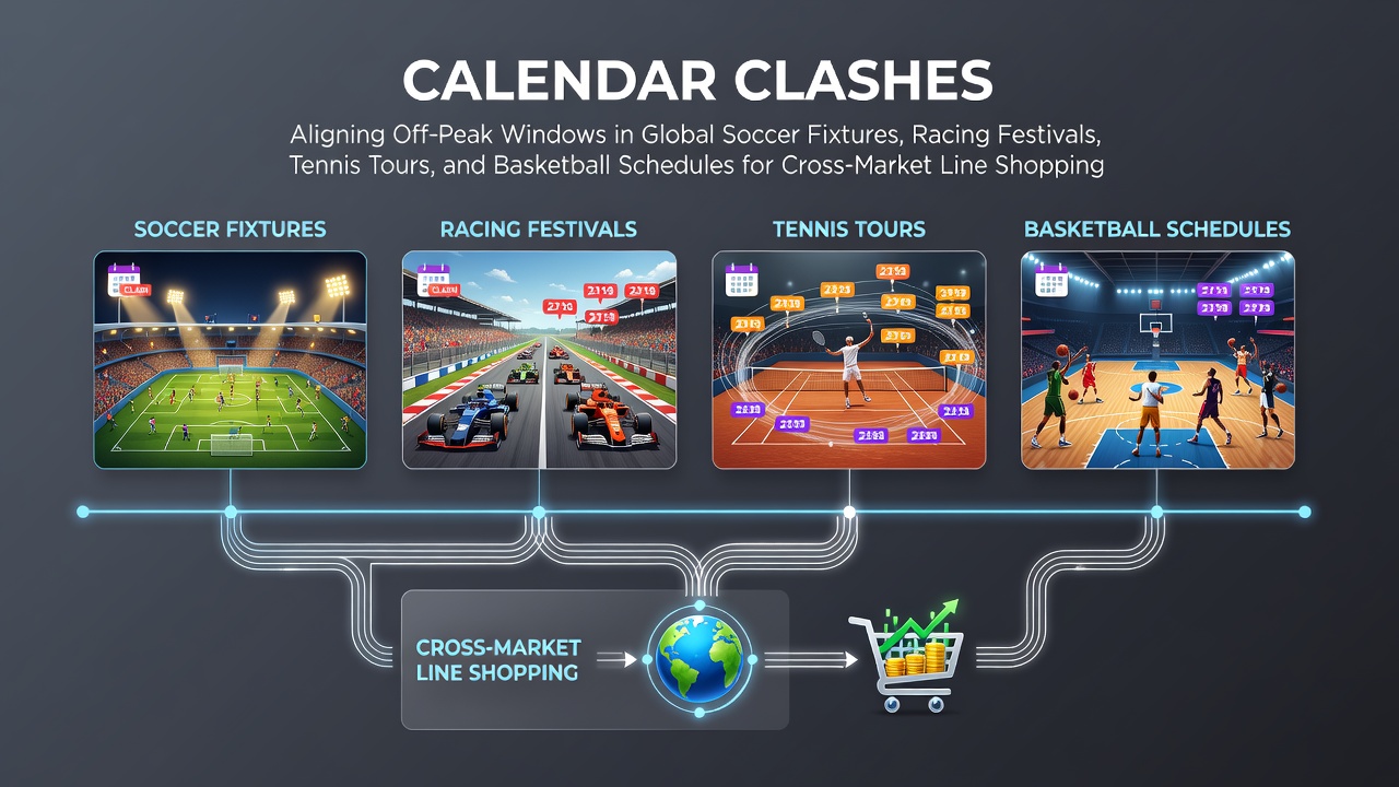 Global sports calendar showing overlapping soccer, racing, tennis, and basketball events with highlighted off-peak periods