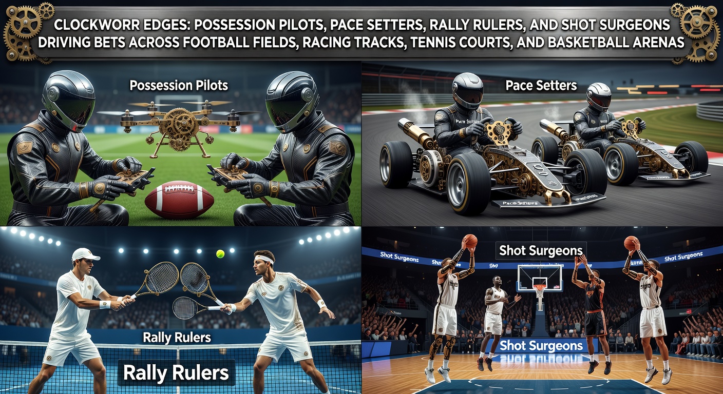 A dynamic collage showing a soccer player dictating play, a horse leading the pack at speed, a tennis star mid-rally, and a basketball shooter sinking a precision shot, all under betting odds overlays