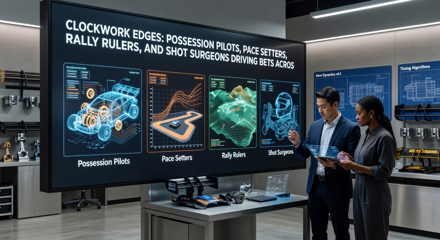 Close-up action shots of a possession-dominant soccer midfielder, a pace-setting racehorse thundering ahead, a tennis player ruling a long rally, and a basketball sharpshooter releasing a flawless jumper