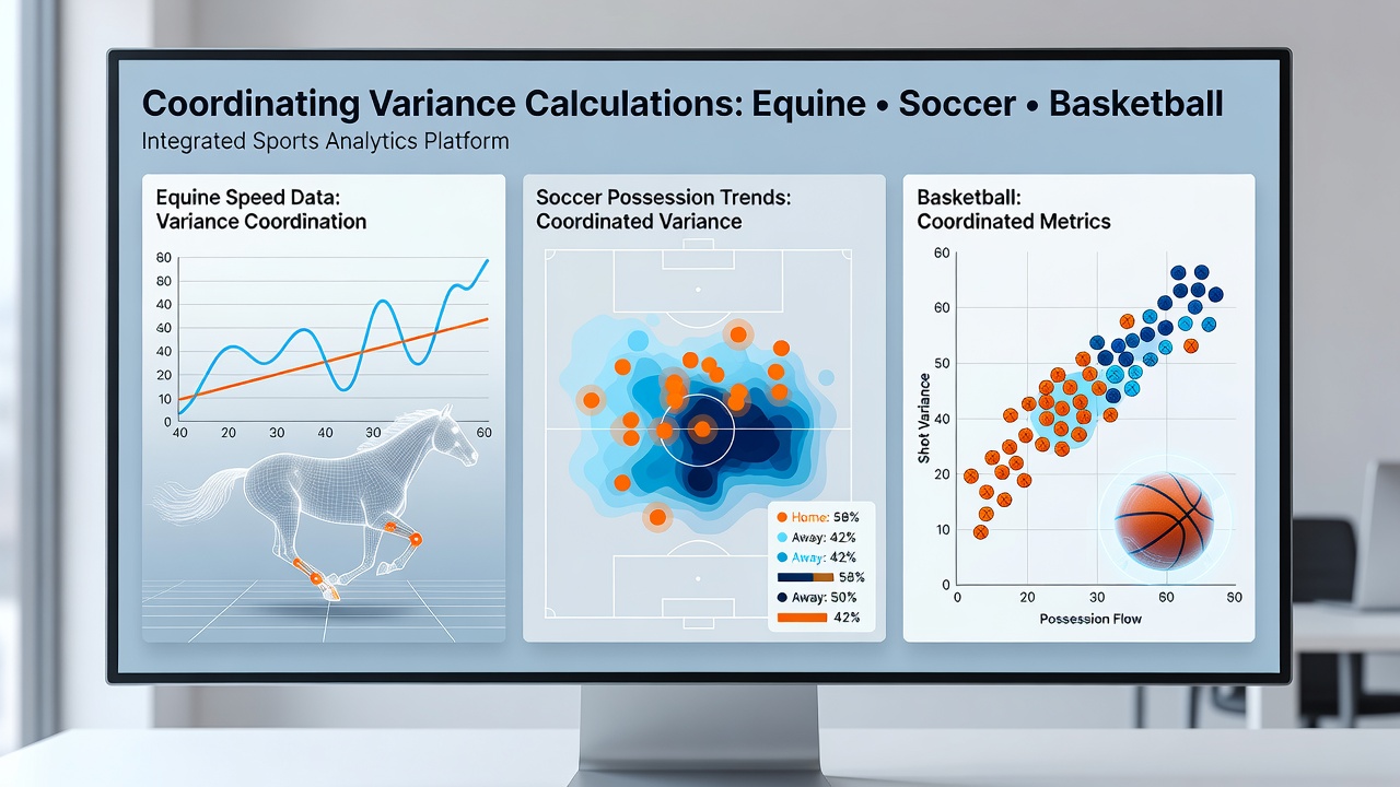 Detailed graphs illustrating variance calculations linking horse racing speeds, soccer possession, and basketball shooting data for accumulator modeling