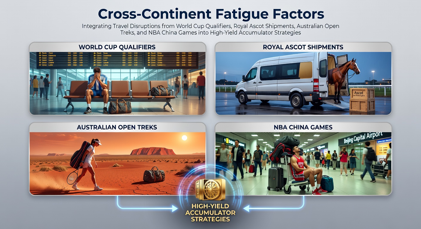 Global map highlighting transcontinental travel routes for World Cup qualifiers, Royal Ascot horse shipments, Australian Open player flights, and NBA teams heading to China, with fatigue impact icons overlaid
