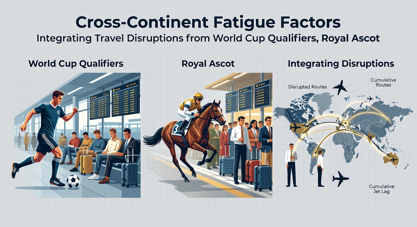 Close-up of a horse being unloaded from an air freight plane at Royal Ascot stables, with trainers checking for fatigue signs amid global shipment crates