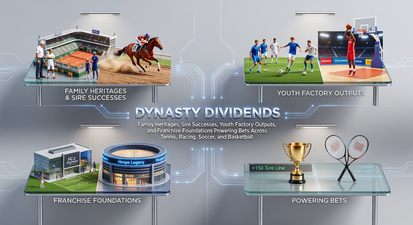 A collage showcasing legendary family dynasties in sports: Williams sisters on tennis court, soccer academy graduates celebrating, a champion racehorse with foals, and NBA franchise icons hoisting trophies
