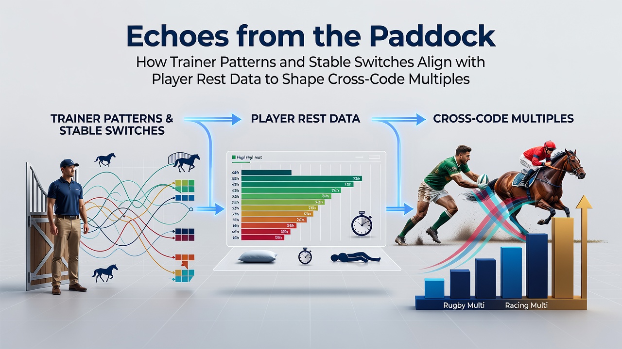 Trainer patterns and stable switches in horse racing paddocks with data overlays showing alignment to player rest metrics