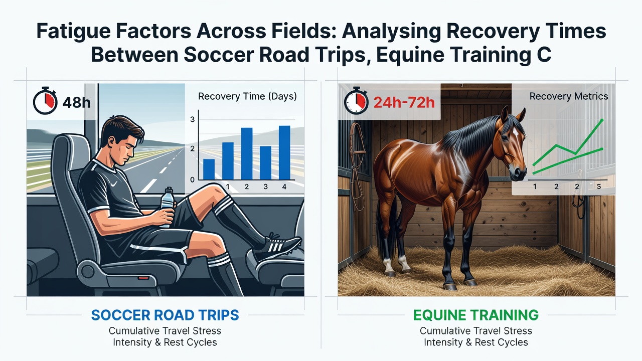 Chart displaying recovery time comparisons between tennis tour stops, basketball road games, soccer away fixtures, and equine training cycles with overlaid performance data points