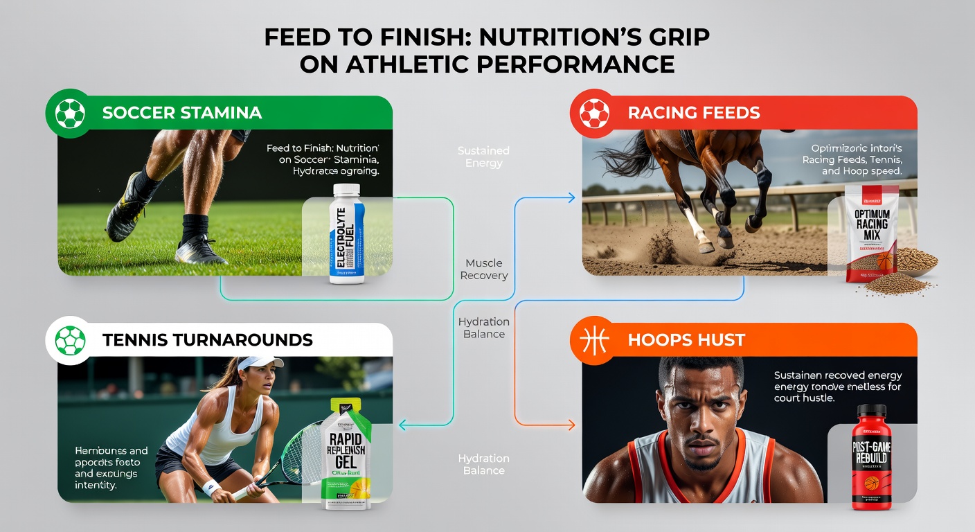 Close-up of nutritional supplements and performance tracking in multi-sport contexts, from horse feeds to athlete recovery shakes