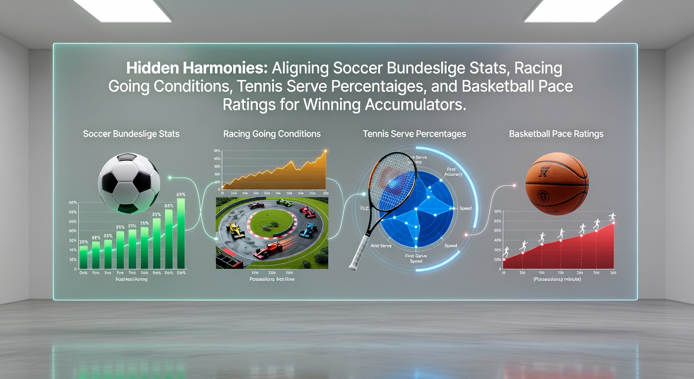 Graph overlaying soccer possession trends with horse racing track conditions, tennis serve charts, and basketball pace metrics, highlighting synchronized winning patterns