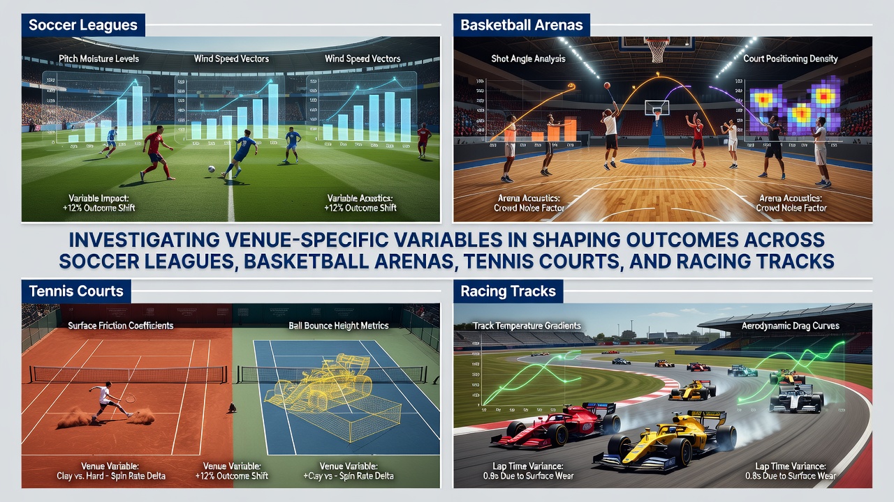 Detailed view of various sports venues including a soccer pitch, basketball arena, tennis court, and racing track highlighting surface and structural differences
