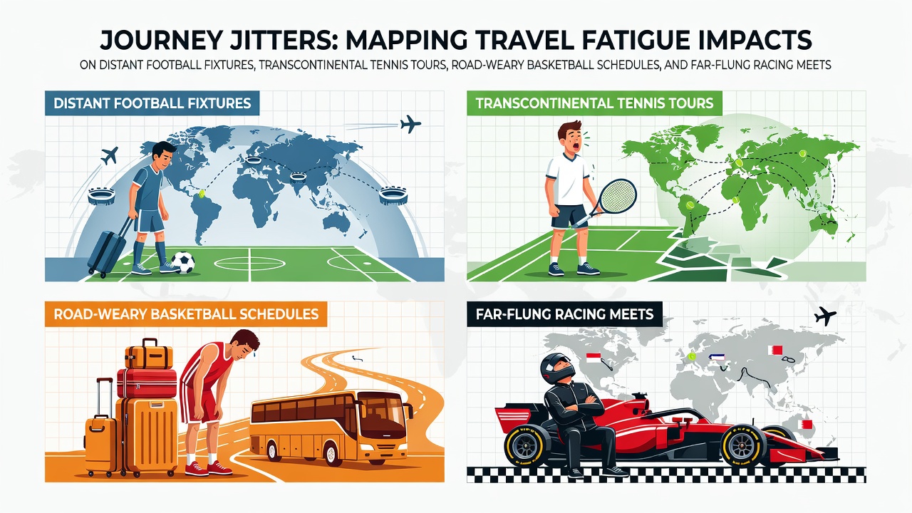 Athletes navigating airport terminals during long-haul travel for international sports events, showing signs of fatigue from jet lag and disrupted routines