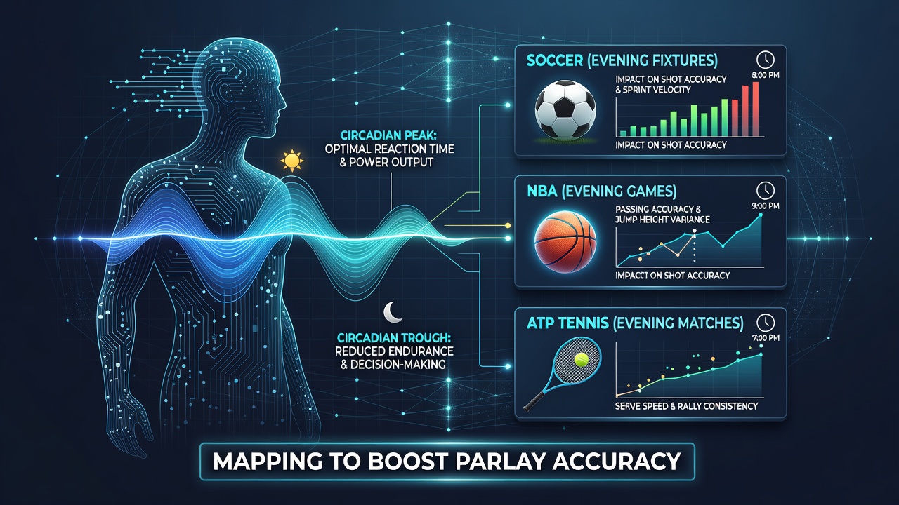 Circadian rhythm mapping visualization showing athlete performance variations across evening time slots in soccer, basketball, and tennis