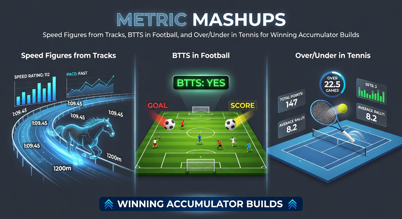 Horse racing track with speed figure overlays, football pitch showing BTTS action, and tennis court with over/under game totals