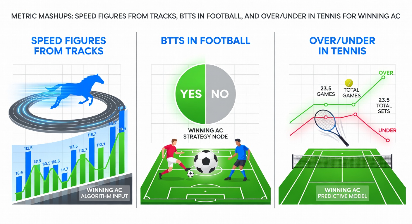 Tennis players in a long rally on clay court, overlaid with over/under totals, football goal celebration for BTTS, and a horse crossing the finish line with speed figure badge