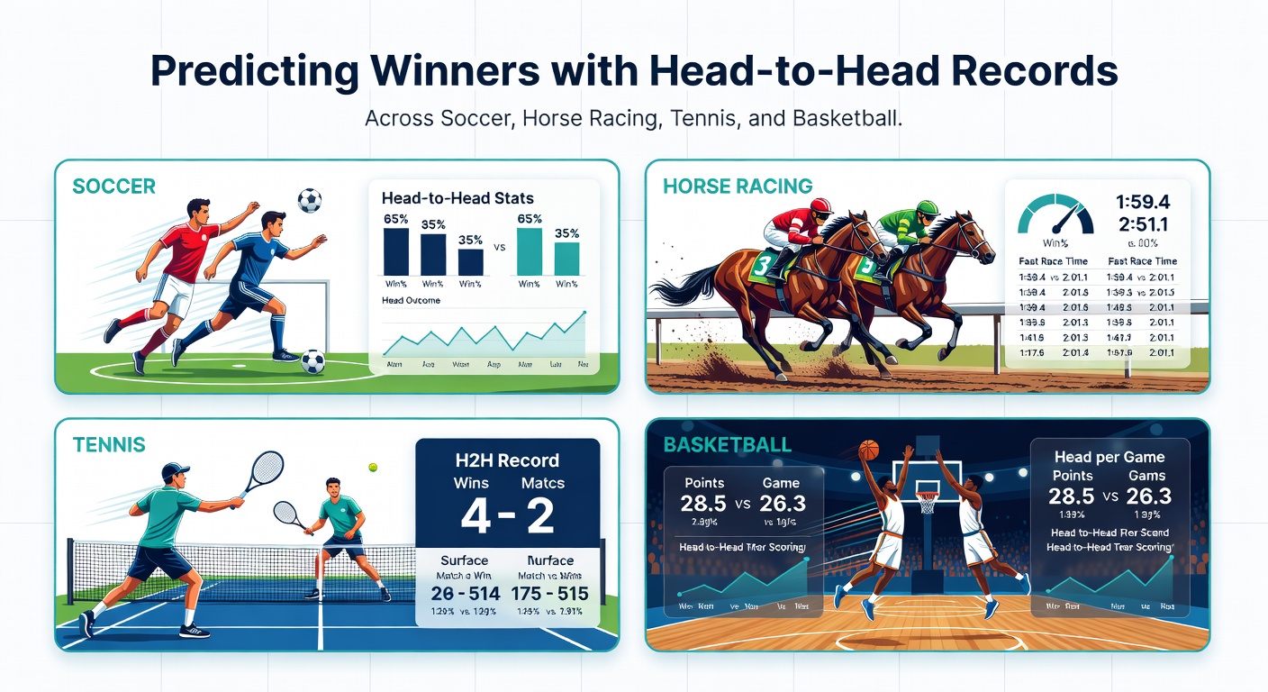 Collage of soccer match, horse race finish, tennis rally, and basketball dunk highlighting head-to-head rivalries in action