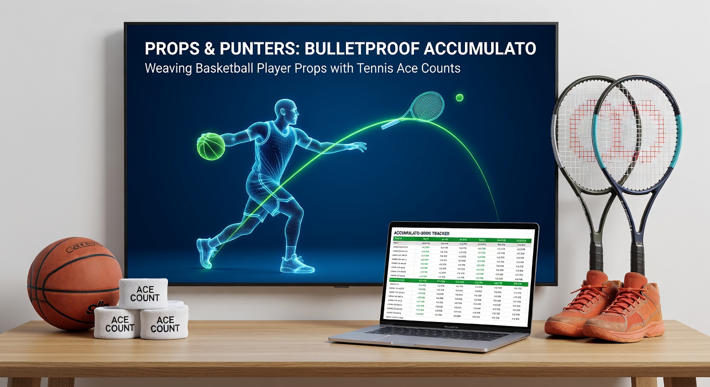 Infographic charts displaying accumulator success rates, basketball prop stats overlaid with tennis ace trends