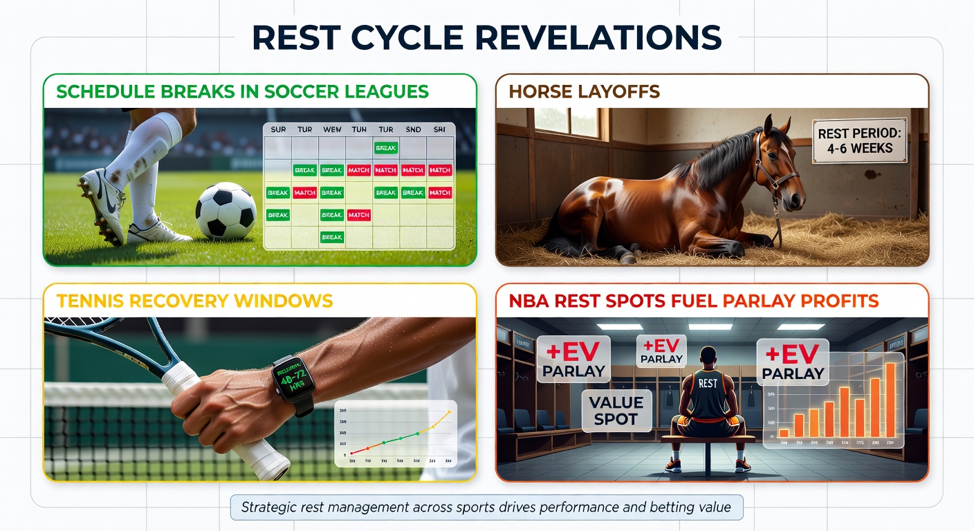 Collage showing soccer team on break, horse in recovery paddock, tennis player stretching post-match, and NBA players resting on bench during timeout