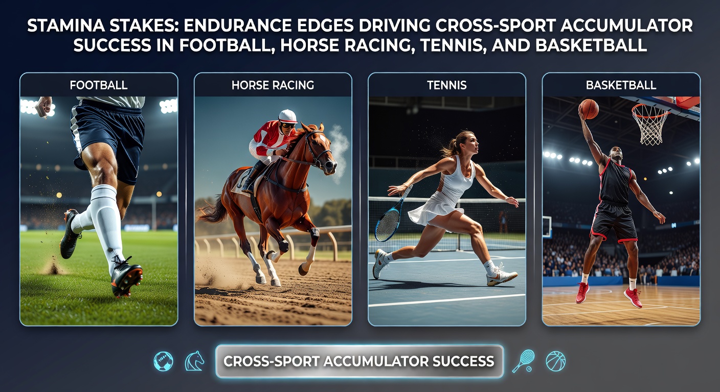 Athletes and horses pushing through endurance tests in a multi-sport montage, highlighting stamina-driven moments from football pitches, racetracks, tennis courts, and basketball arenas