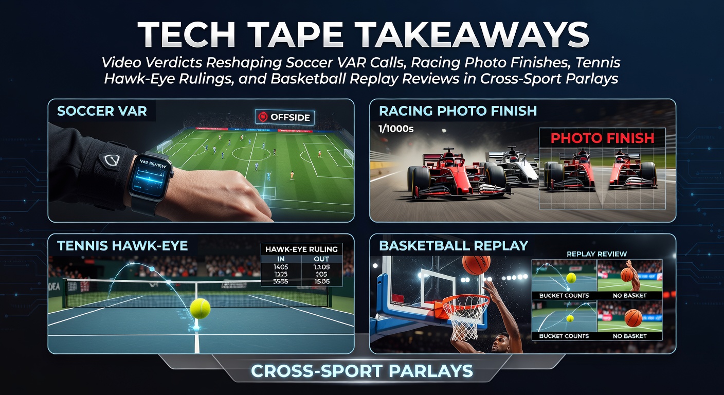 High-tech video review screen showing a close soccer VAR decision with referees huddled around, highlighting the precision of modern officiating in sports betting contexts