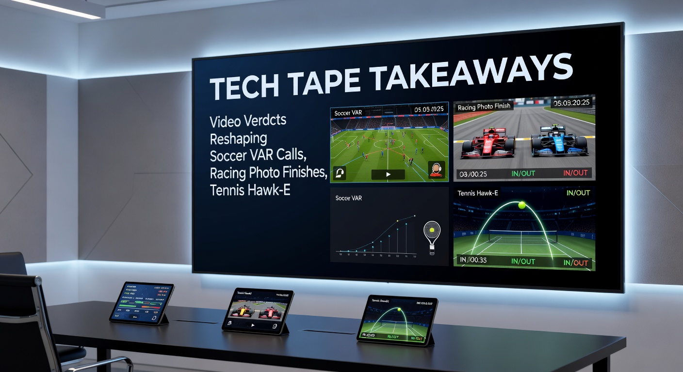 Close-up of a tennis Hawk-Eye replay on court with ball trajectory lines overlaid, referees consulting the system during a crucial point, illustrating tech's influence on betting outcomes