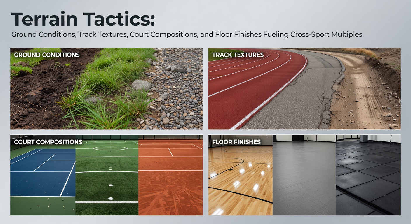 A collage showing a muddy soccer pitch, a horse racing track with varying textures under different weather, a tennis court with clay and grass surfaces, and a polished basketball floor during play