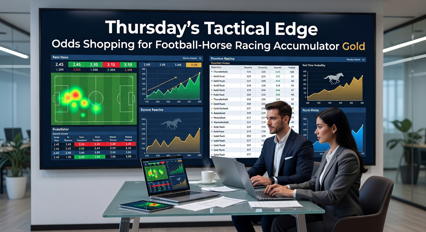 Dynamic graphic showing odds comparison screens for football matches and horse races in an accumulator bet setup