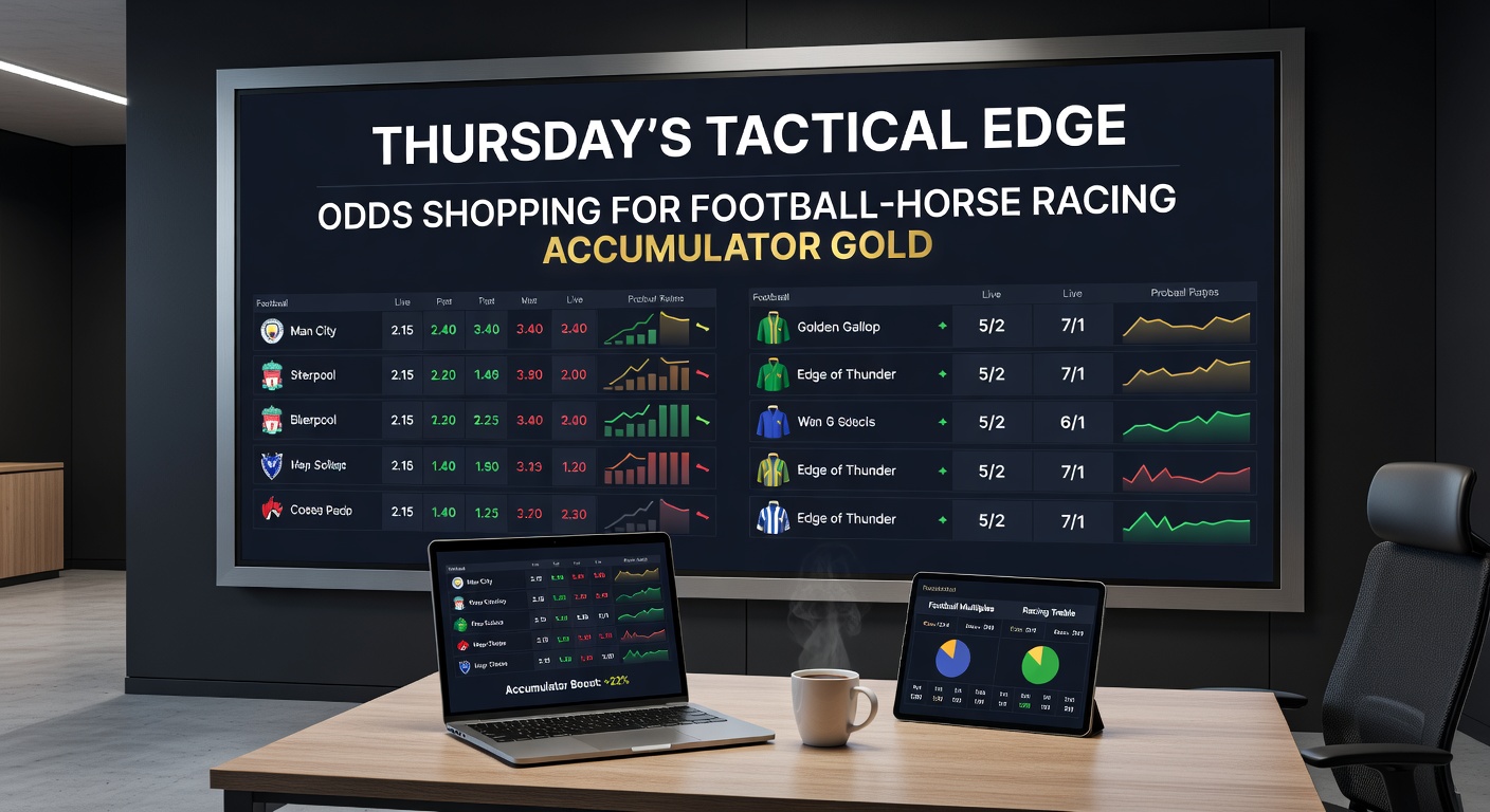 Screenshot-style image of a multi-bookmaker odds comparison table for a sample Thursday football-horse accumulator