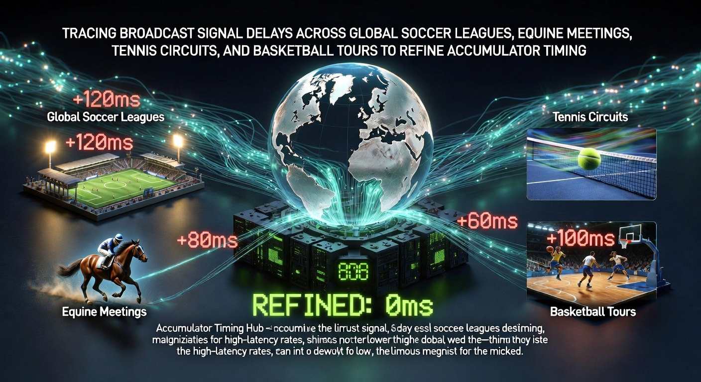 Global sports broadcast signal paths with timing overlays across soccer stadiums, racecourses, tennis courts and basketball arenas