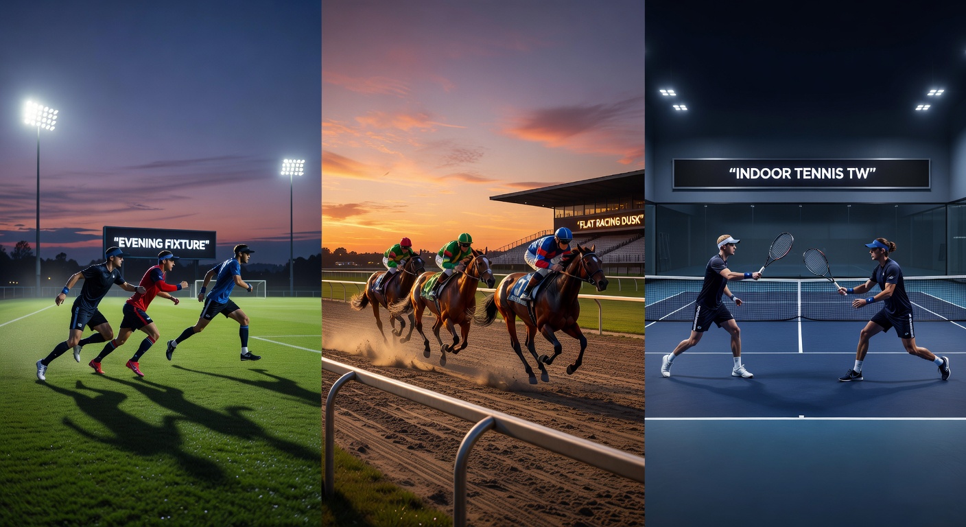 Dusk flat racing scene with horses charging home as light fades, capturing the unique track conditions that benefit closers