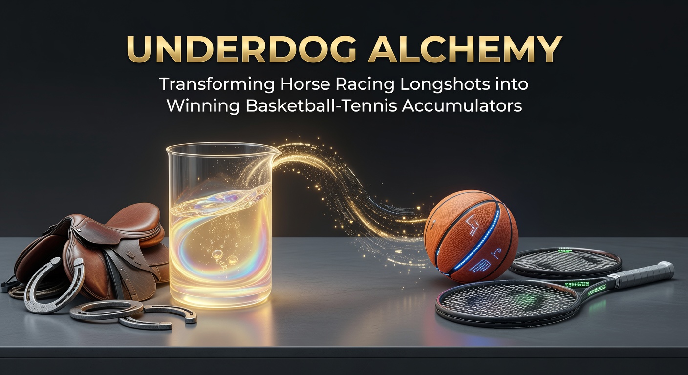 A thrilling horse racing longshot crossing the finish line ahead of favorites, symbolizing the start of an accumulator transformation into basketball and tennis wins