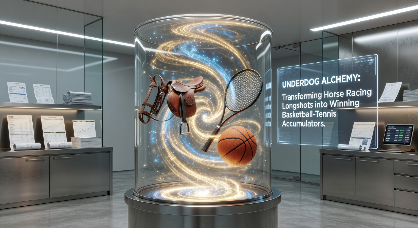 Dynamic split image showing a basketball dunk, tennis ace serve, and horse racing victory, illustrating accumulator synergy