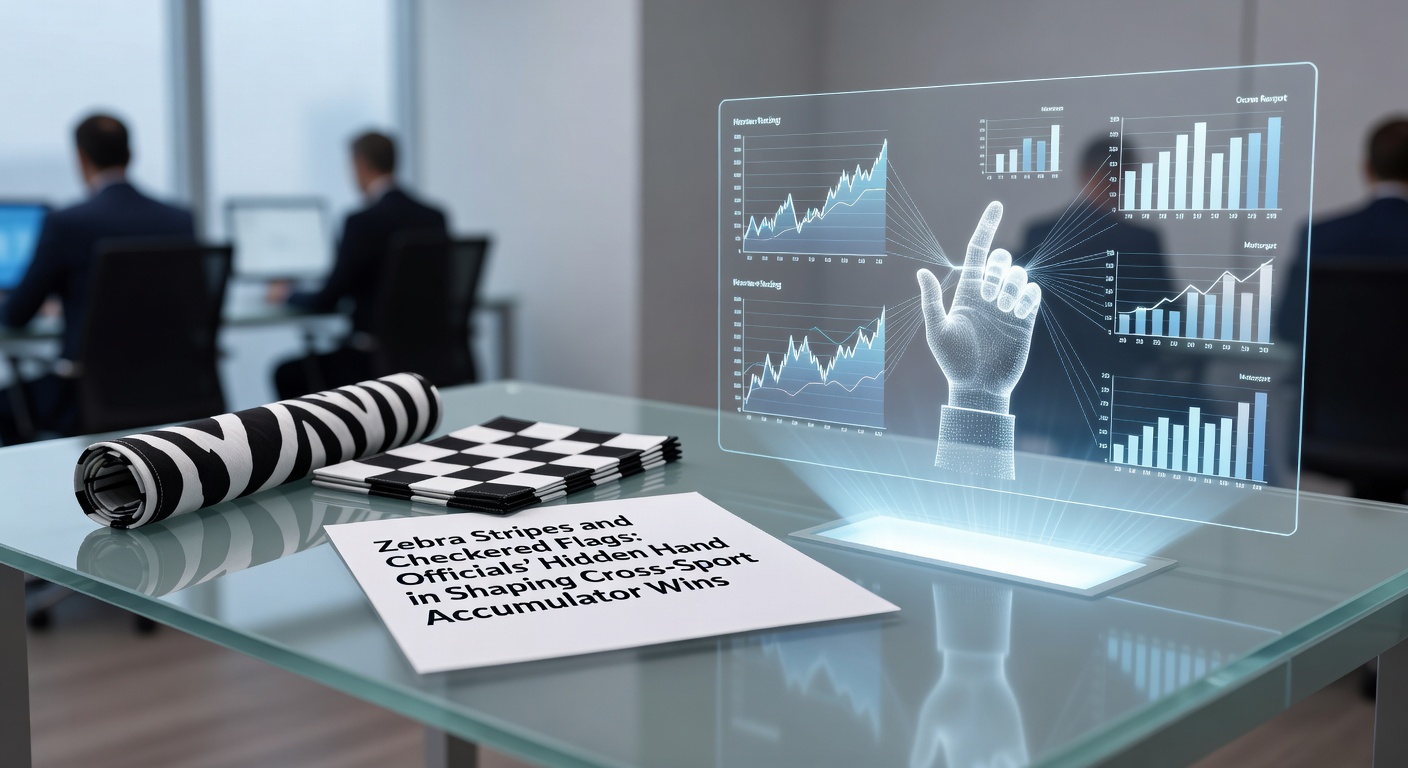 Referee in black-and-white stripes raising a flag during an intense soccer match, with a checkered racing flag waving in the background inset